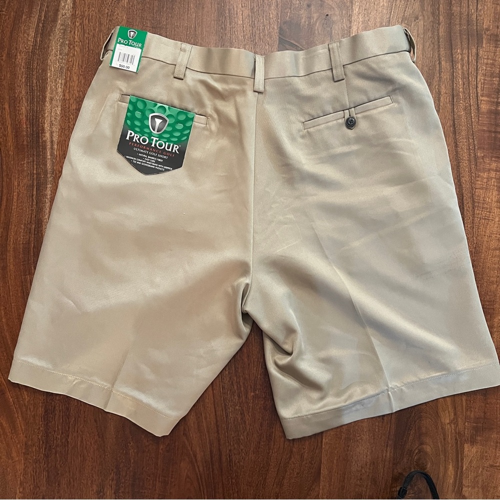 Men’s ProTour Khaki Flat Front Golf Shorts 38” Waist 9” Length NEW!